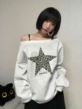 Leopard Print Star Off-Shoulder Sweatshirt