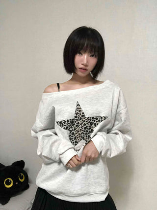 Leopard Print Star Off-Shoulder Sweatshirt
