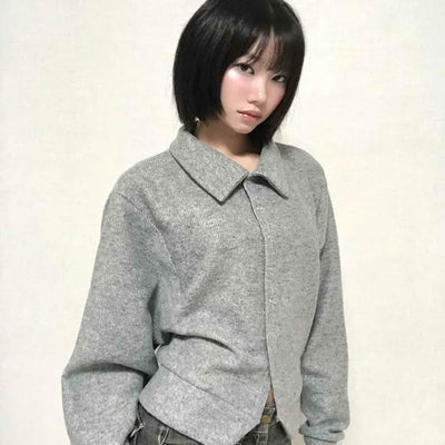 Comfortable Knit Shirt Collar Cardigan
