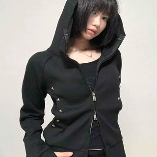 Trendy Studded Half-Neck Zip-Up Hoodie