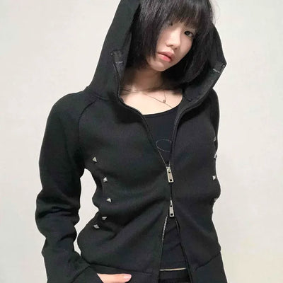 Trendy Studded Half-Neck Zip-Up Hoodie