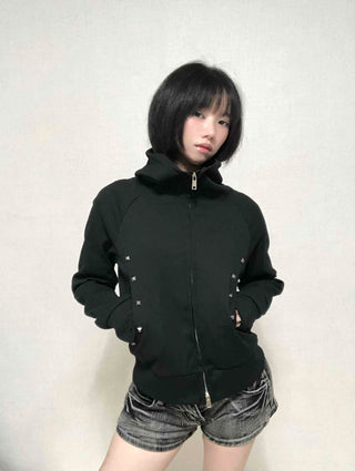 Trendy Studded Half-Neck Zip-Up Hoodie