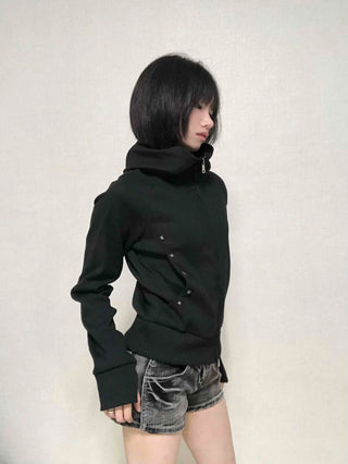 Trendy Studded Half-Neck Zip-Up Hoodie