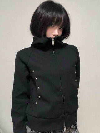 Trendy Studded Half-Neck Zip-Up Hoodie