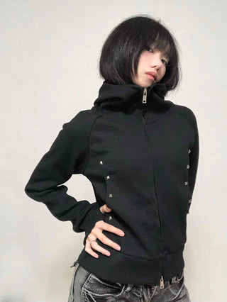 Trendy Studded Half-Neck Zip-Up Hoodie