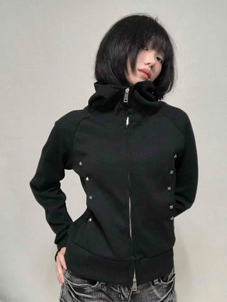 Trendy Studded Half-Neck Zip-Up Hoodie