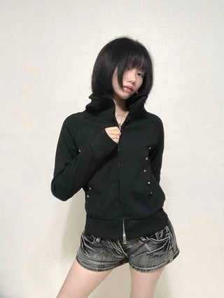 Trendy Studded Half-Neck Zip-Up Hoodie