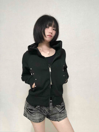 Trendy Studded Half-Neck Zip-Up Hoodie