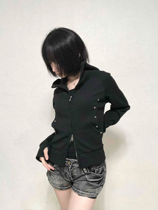 Trendy Studded Half-Neck Zip-Up Hoodie