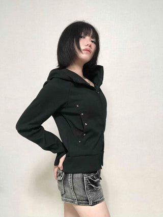Trendy Studded Half-Neck Zip-Up Hoodie