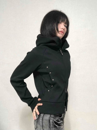 Trendy Studded Half-Neck Zip-Up Hoodie