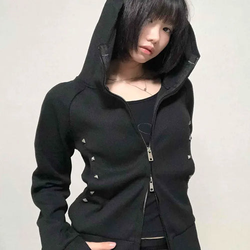 Trendy Studded Half-Neck Zip-Up Hoodie