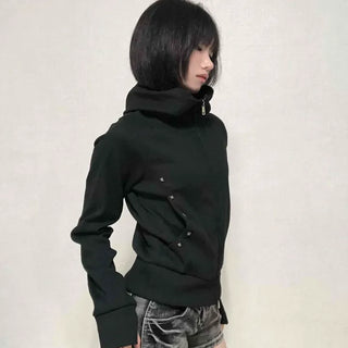 Trendy Studded Half-Neck Zip-Up Hoodie