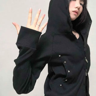 Trendy Studded Half-Neck Zip-Up Hoodie