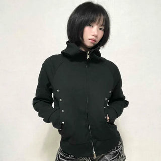 Trendy Studded Half-Neck Zip-Up Hoodie