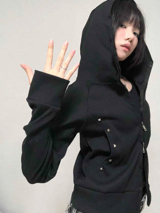 Trendy Studded Half-Neck Zip-Up Hoodie