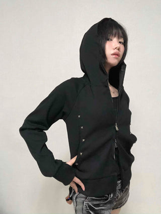 Trendy Studded Half-Neck Zip-Up Hoodie