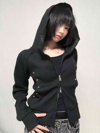 Trendy Studded Half-Neck Zip-Up Hoodie