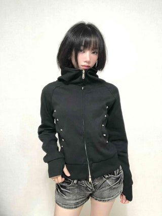 Trendy Studded Half-Neck Zip-Up Hoodie
