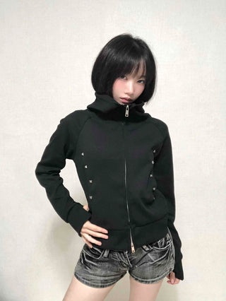 Trendy Studded Half-Neck Zip-Up Hoodie