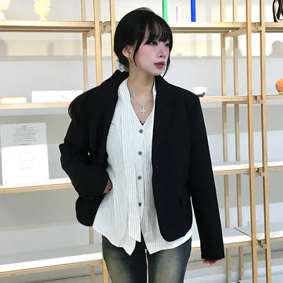 Keru Single Button Short Jacket Collar Pocket Classic