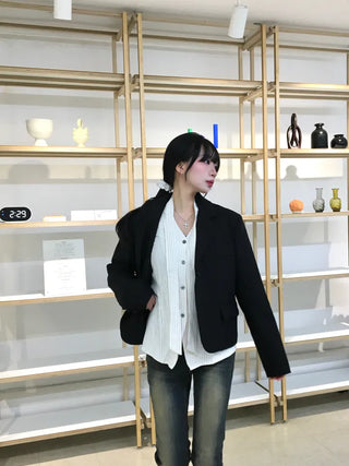 Keru Single Button Short Jacket Collar Pocket Classic