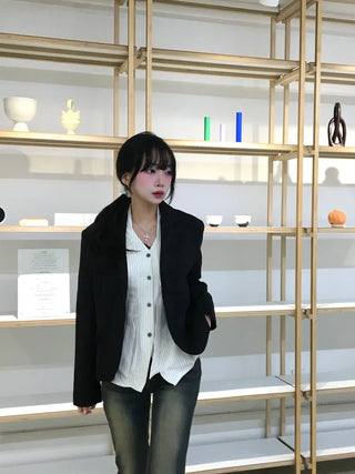 Keru Single Button Short Jacket Collar Pocket Classic