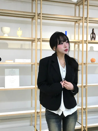 Keru Single Button Short Jacket Collar Pocket Classic