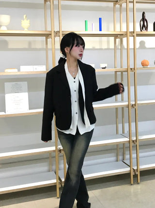 Keru Single Button Short Jacket Collar Pocket Classic