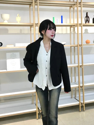 Keru Single Button Short Jacket Collar Pocket Classic