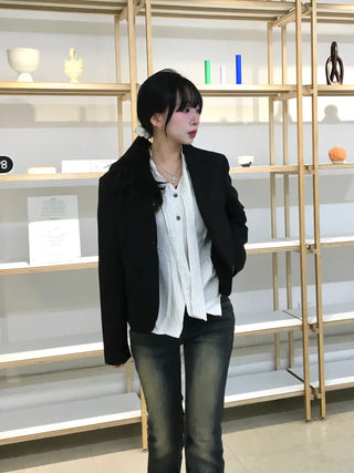Keru Single Button Short Jacket Collar Pocket Classic