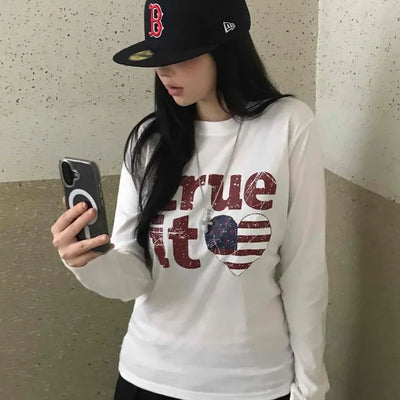 Simple Autumn Cotton Lettering Long Sleeve T-shirt