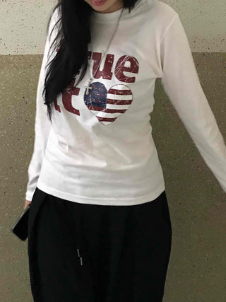Simple Autumn Cotton Lettering Long Sleeve T-shirt
