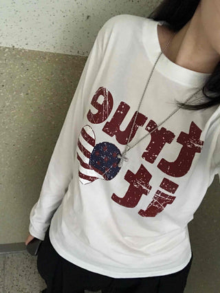 Simple Autumn Cotton Lettering Long Sleeve T-shirt