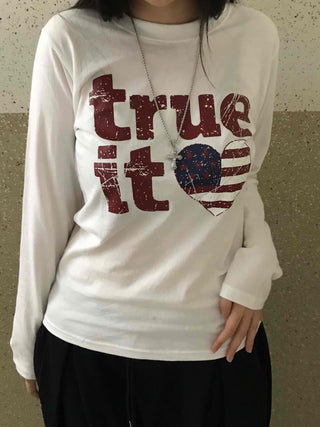 Simple Autumn Cotton Lettering Long Sleeve T-shirt