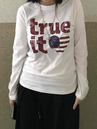 Simple Autumn Cotton Lettering Long Sleeve T-shirt