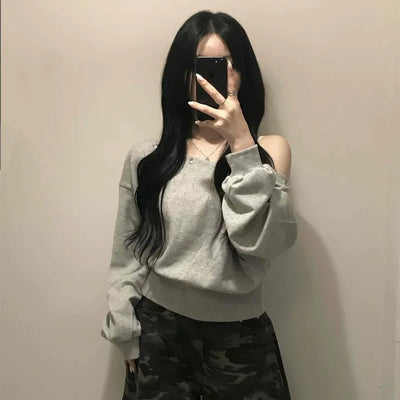 Simple Trendy Eyelet Off-Shoulder Sweatshirt