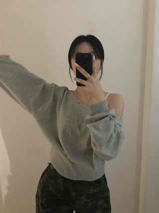Simple Trendy Eyelet Off-Shoulder Sweatshirt