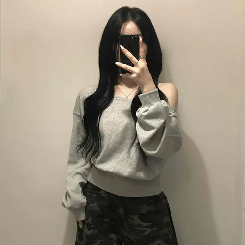 Simple Trendy Eyelet Off-Shoulder Sweatshirt