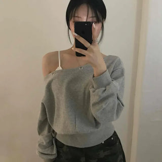 Simple Trendy Eyelet Off-Shoulder Sweatshirt