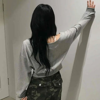 Simple Trendy Eyelet Off-Shoulder Sweatshirt