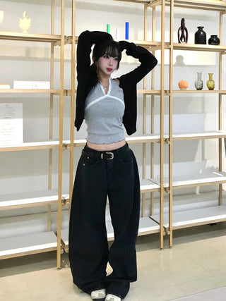 ZED Stripe Balloon Fit Wide Denim Pants