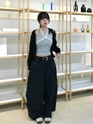 ZED Stripe Balloon Fit Wide Denim Pants