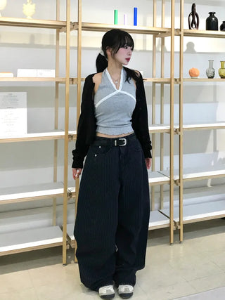 ZED Stripe Balloon Fit Wide Denim Pants