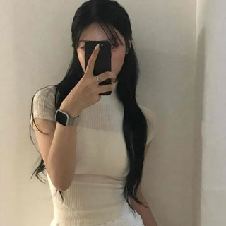 Effortless Chic Knit Turtleneck Short Sleeve T-shirt
