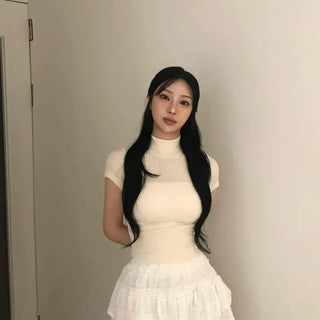 Effortless Chic Knit Turtleneck Short Sleeve T-shirt