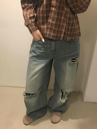 Basic Damaged Denim Long Pants