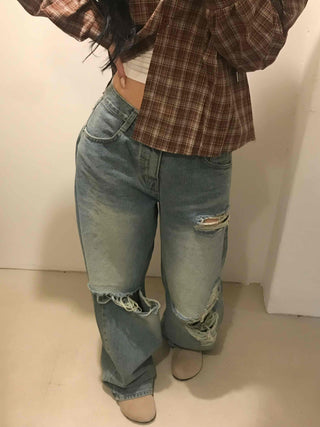 Basic Damaged Denim Long Pants