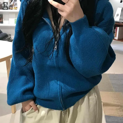 Simple Trendy Loose Fit Spring/Autumn Zip-Up Knit