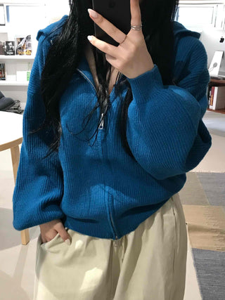 Simple Trendy Loose Fit Spring/Autumn Zip-Up Knit